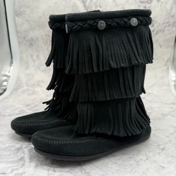 Minnetonka Black Moccasins with Mid-Calf Height and Fringe, Girls Size 2. - Picture 1 of 7